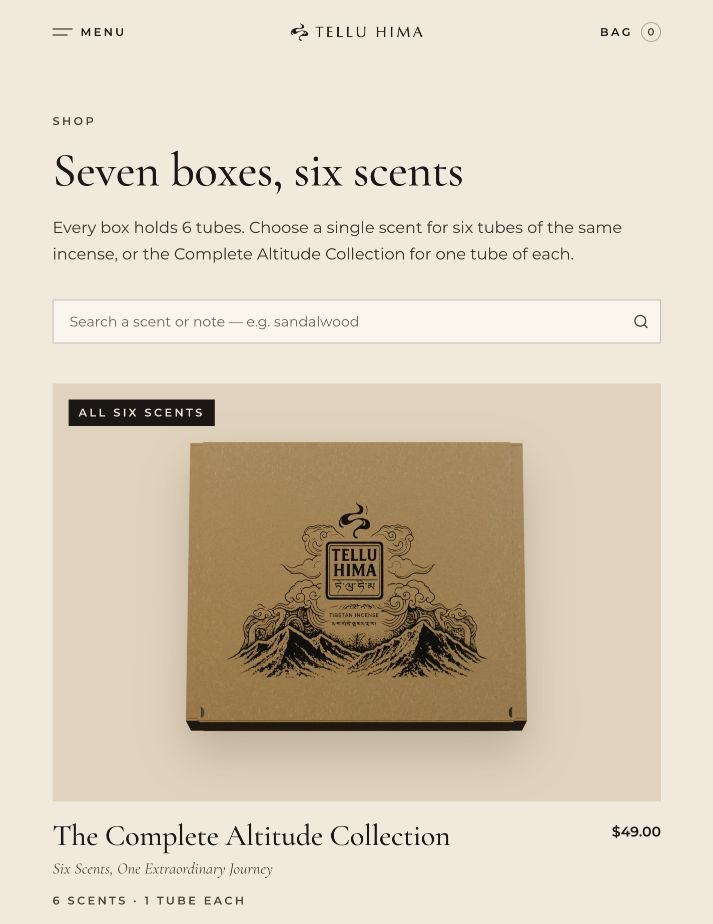 The shop page: seven boxes, six scents