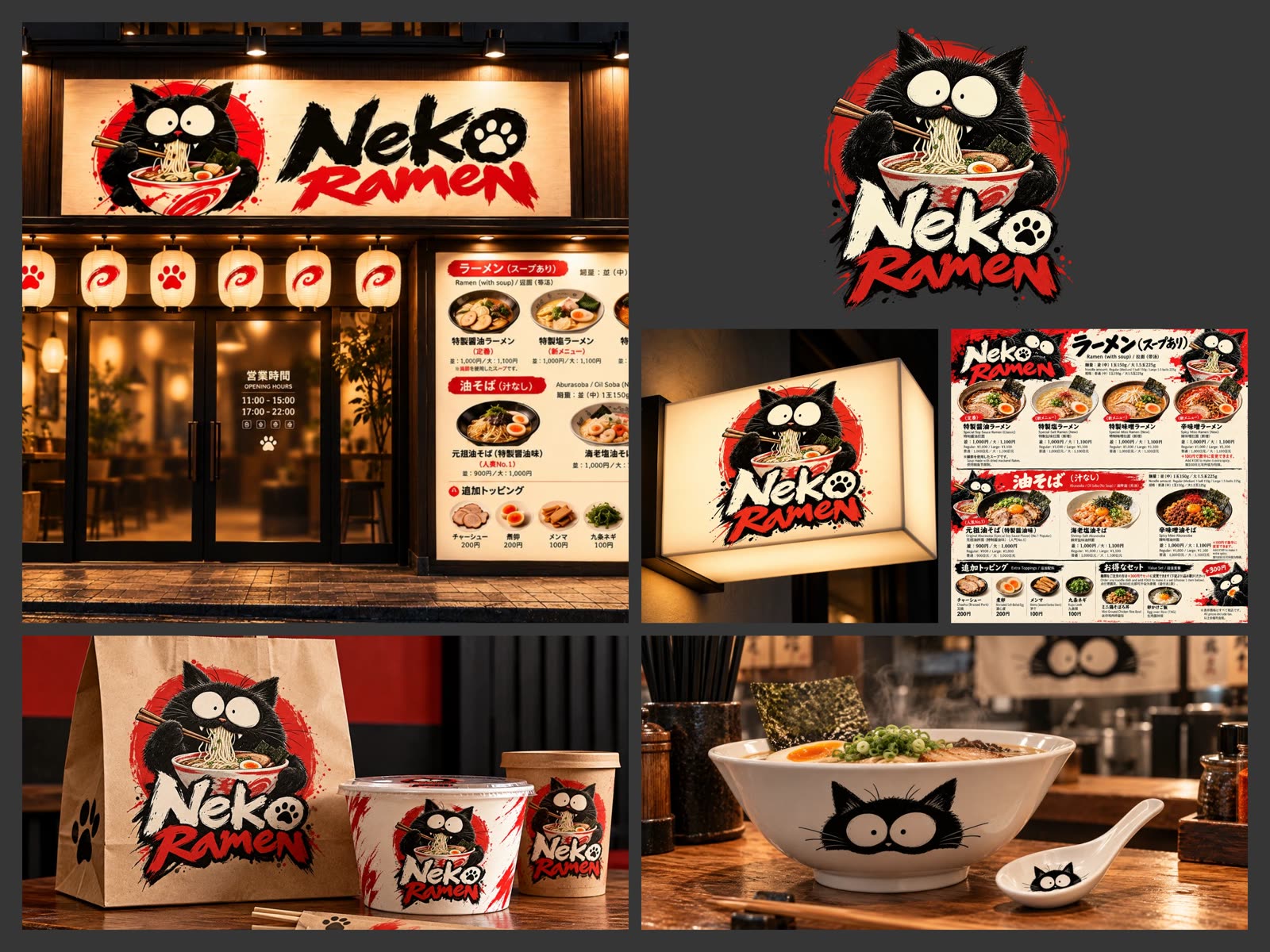 Brand applications: storefront, logo, lightbox, menu, takeaway packaging and bowl